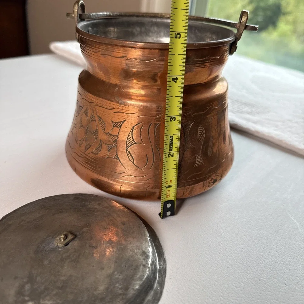 Antique Turkish Hand Hammered Copper Cauldron w/ Lid Etched Design Snake Handle